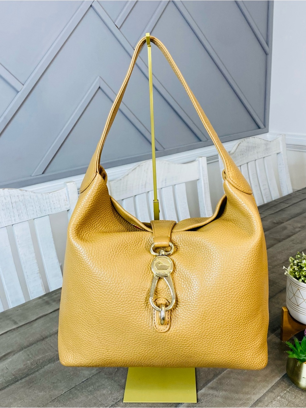 Dooney & Bourke Pebble Grain Logo Lock Shoulder Bag Mustard Yellow Hobo Tote